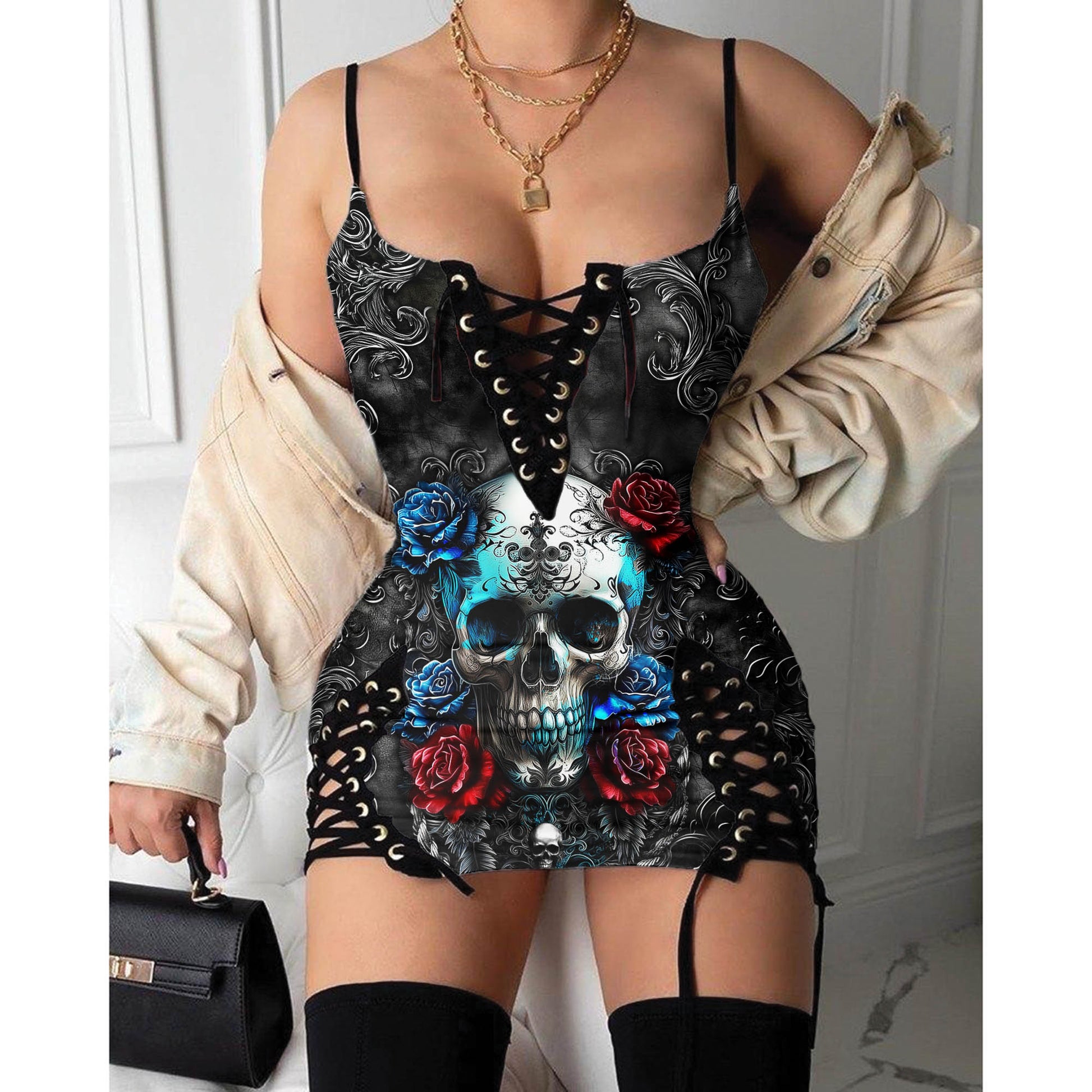 Express your personal style with the Hot Gothic Dress, a timeless piece featuring a unique Watercolor Skull Rose Floral, perfect for enhancing your daily fashion routine.