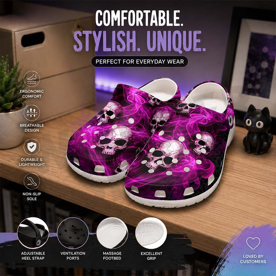 Wonder Skull Lightweight Clog Sandals are designed for all-day comfort. Featuring breathable ventilation holes, a cushioned footbed, and a pivoting heel strap, these versatile unisex clogs are perfect for use at home, outdoors, or at work — whatever your profession may be.