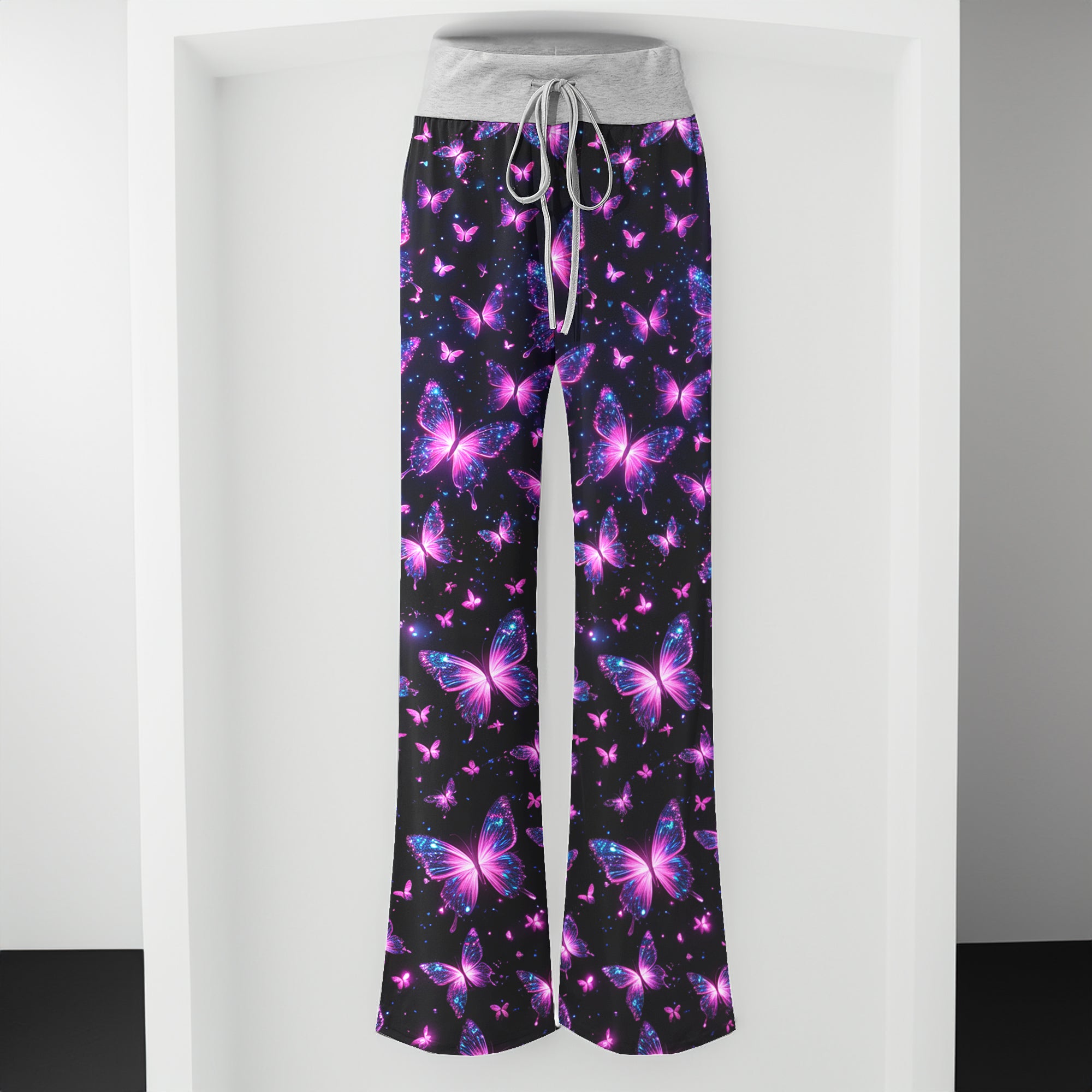 Pink Galactic Butterfly Pattern Women's High-waisted Wide Leg Pants