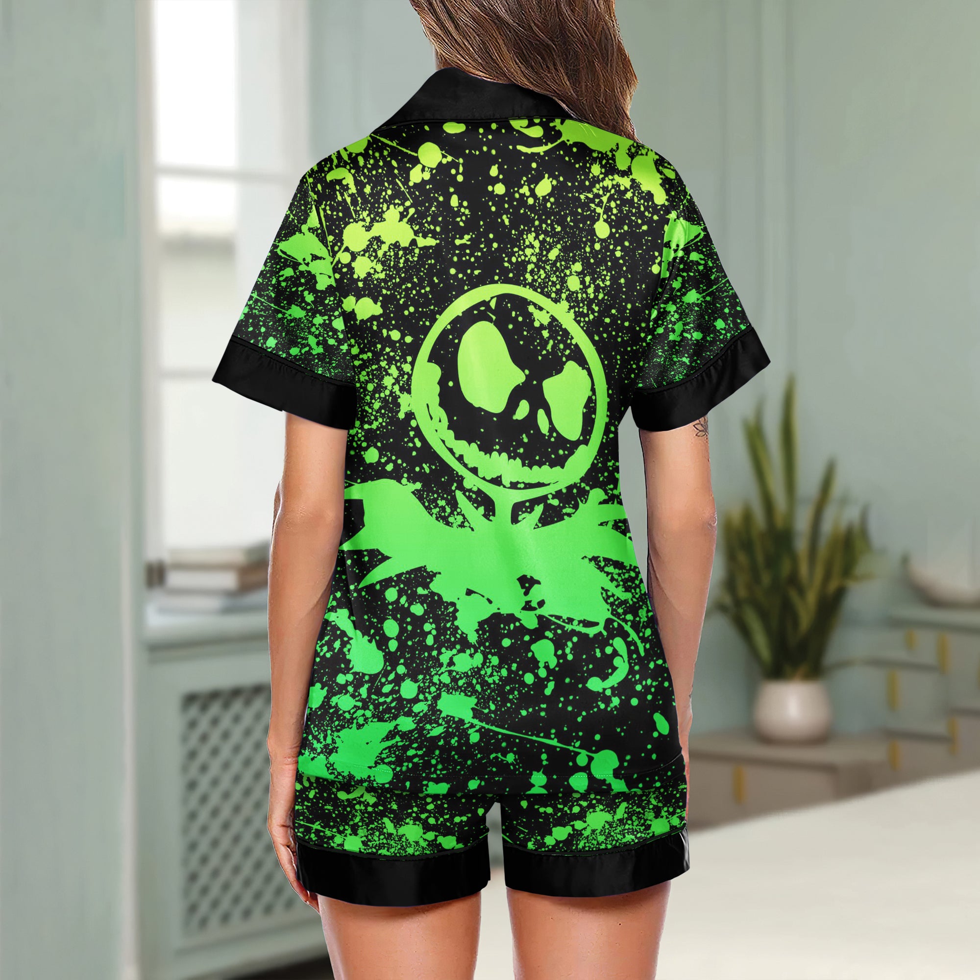 Green Brush Art Women's Pajama Sets Top Sleeve & Short Bottom