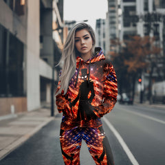 Women Hoodie and Leggings, Fiery Freedom Skull Gentleman Outwear Pants Outfit