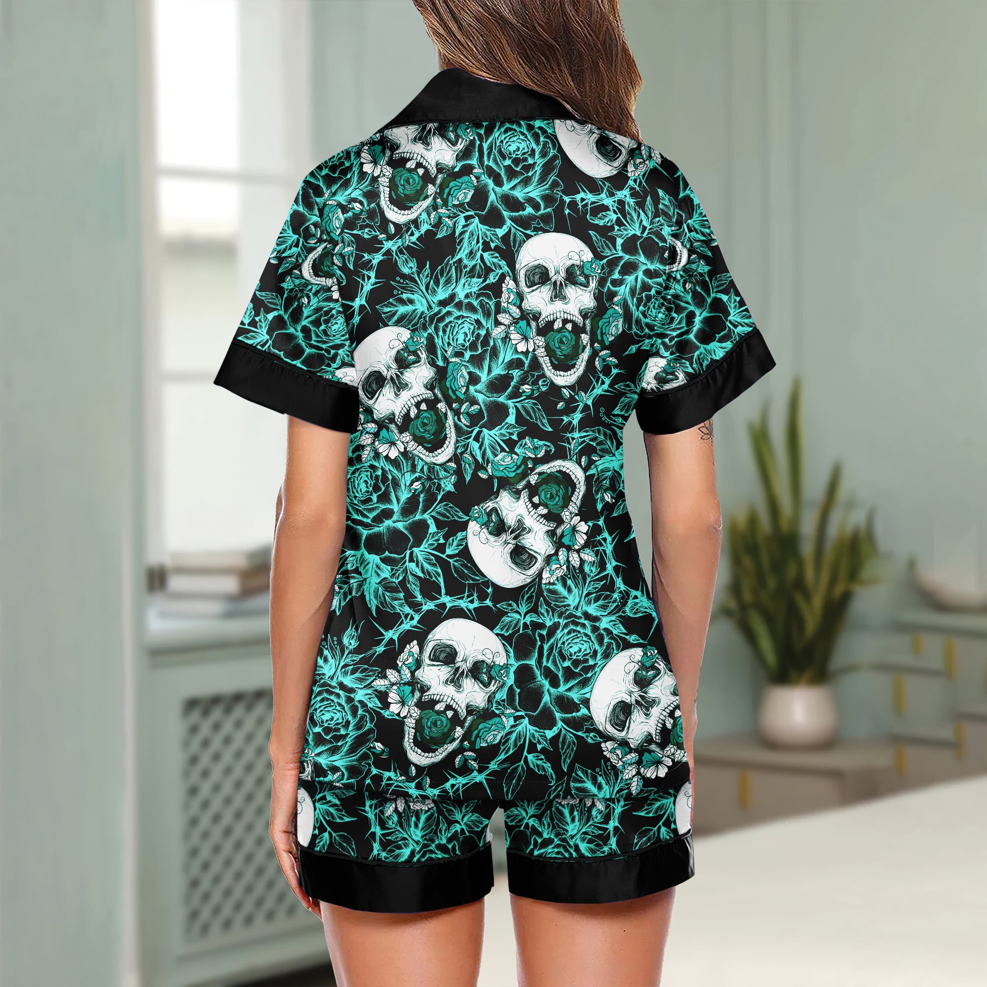 Cyan Skull Floral Women's Pajama Sets Top Sleeve & Short Bottom