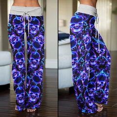 Violet Neon Skull Butterfly Women's High-waisted Wide Leg Pants | Wonder Skull