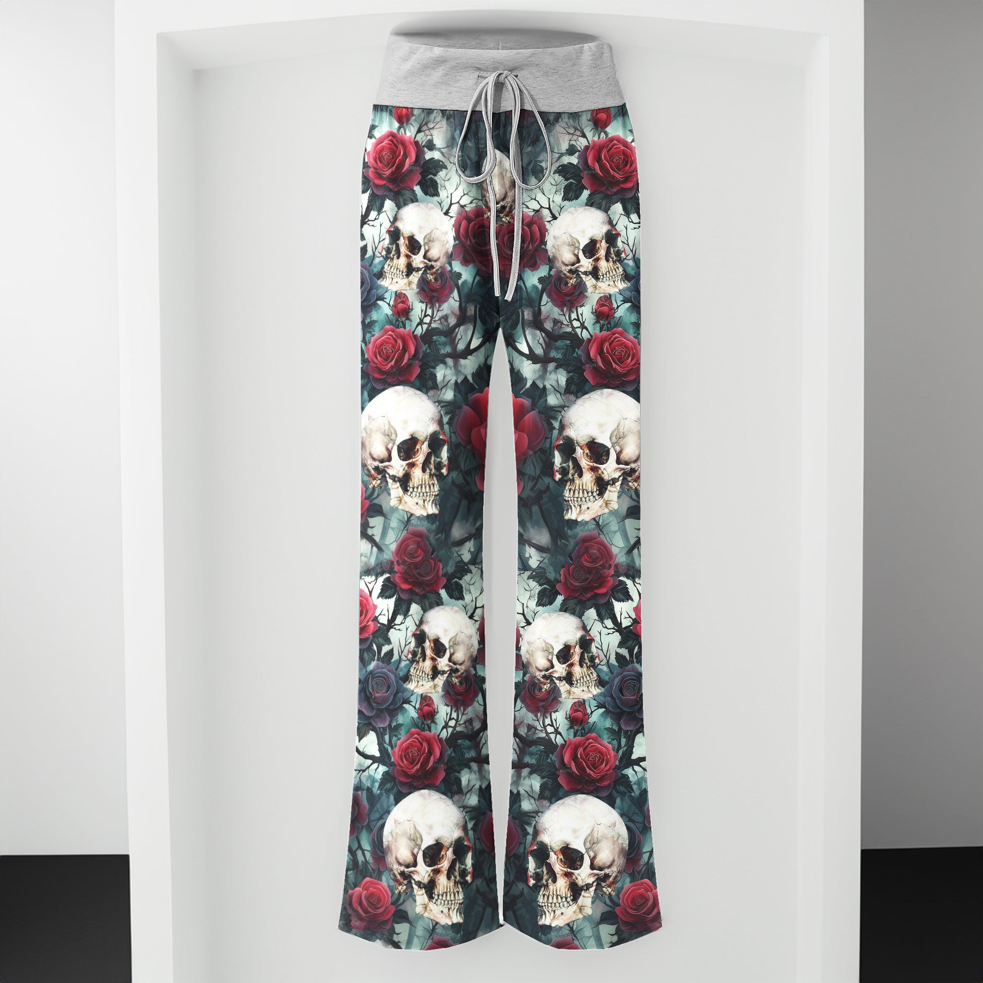 Rose Skull Pattern Thorns Women's High-waisted Wide Leg Pants