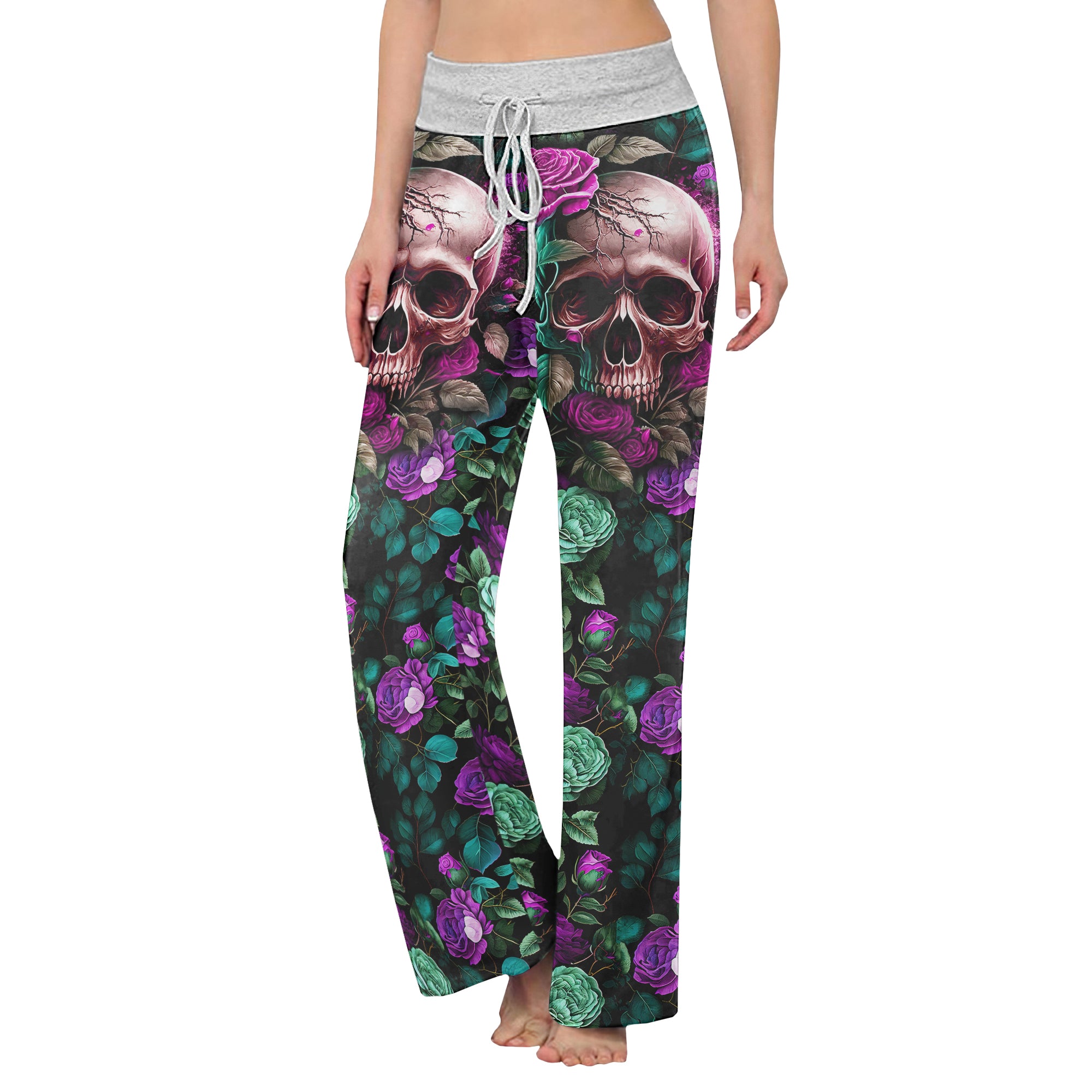 Purple Skull Flower Women's High-waisted Wide Leg Pants | Wonder Skull