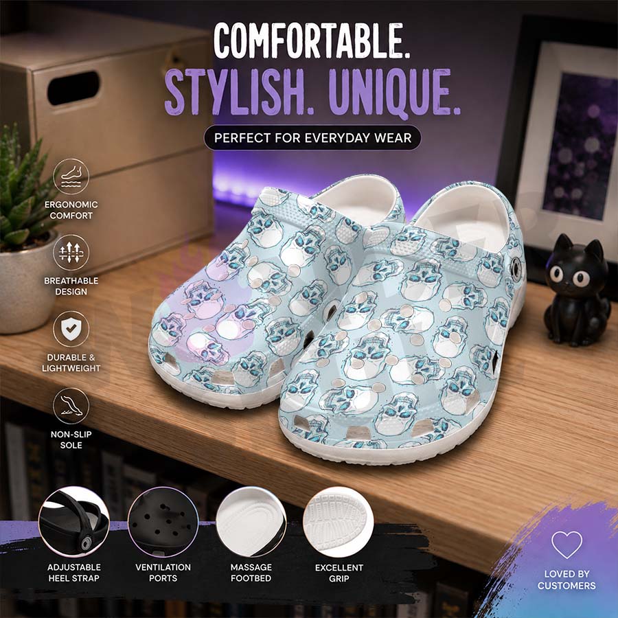 Wonder Skull Lightweight Clog Sandals are designed for all-day comfort. Featuring breathable ventilation holes, a cushioned footbed, and a pivoting heel strap, these versatile unisex clogs are perfect for use at home, outdoors, or at work — whatever your profession may be.