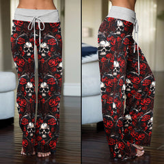 Heart Skull Rose Gothic Women's High-waisted Wide Leg Pants | Wonder Skull