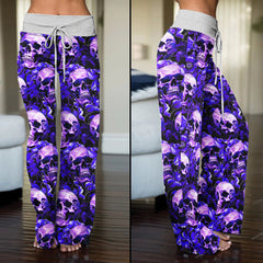 Violet Skull Flower Pattern Women's High-waisted Wide Leg Pants | Wonder Skull