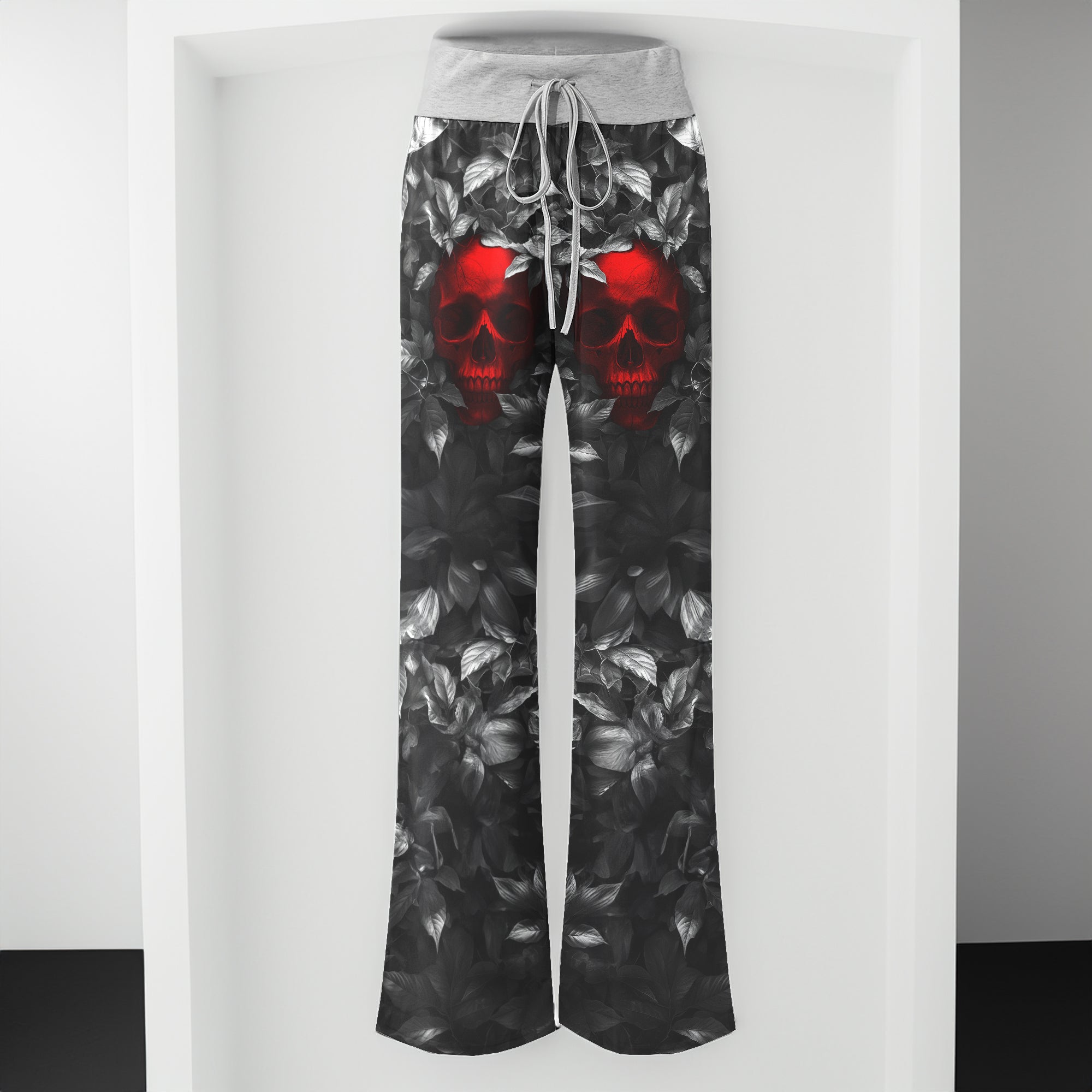 Red Skull Leaf Art Women's High-waisted Wide Leg Pants