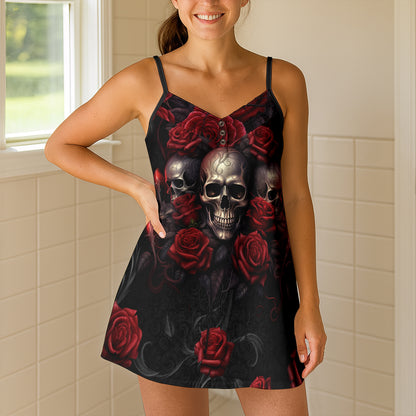 Crimson Rose Silver Skulls Short Cami Dress