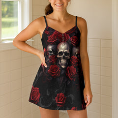 Crimson Rose Silver Skulls Short Cami Dress