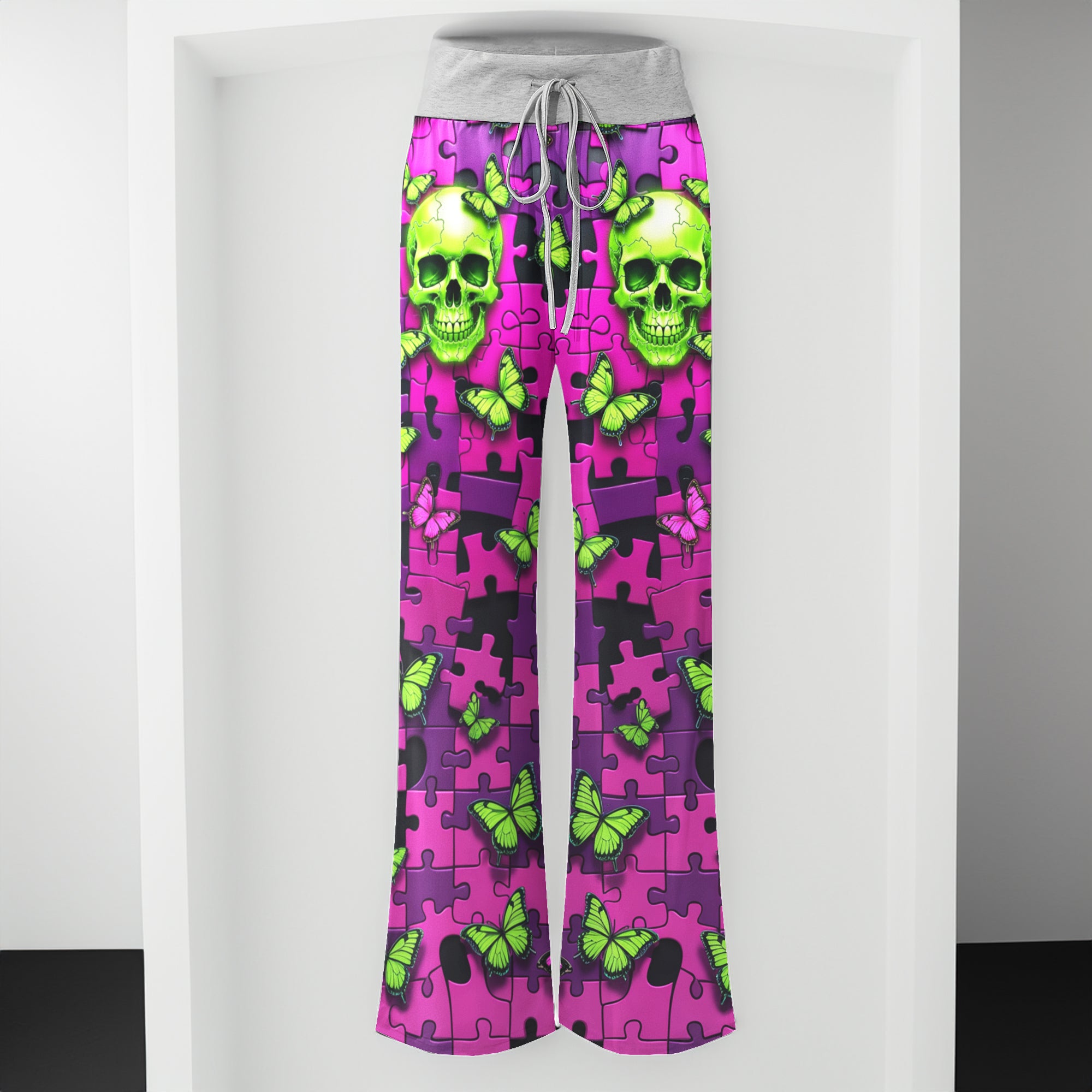 Neon Enigma Skull Butterfly Women's High-waisted Wide Leg Pants