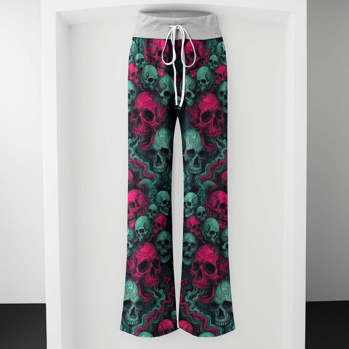 Toxic Pink Skulls Pattern Women's High-waisted Wide Leg Pants
