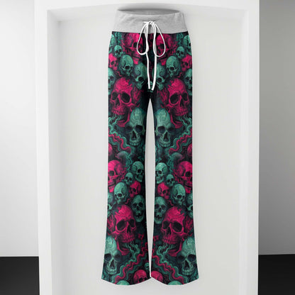 Toxic Pink Skulls Pattern Women's High-waisted Wide Leg Pants