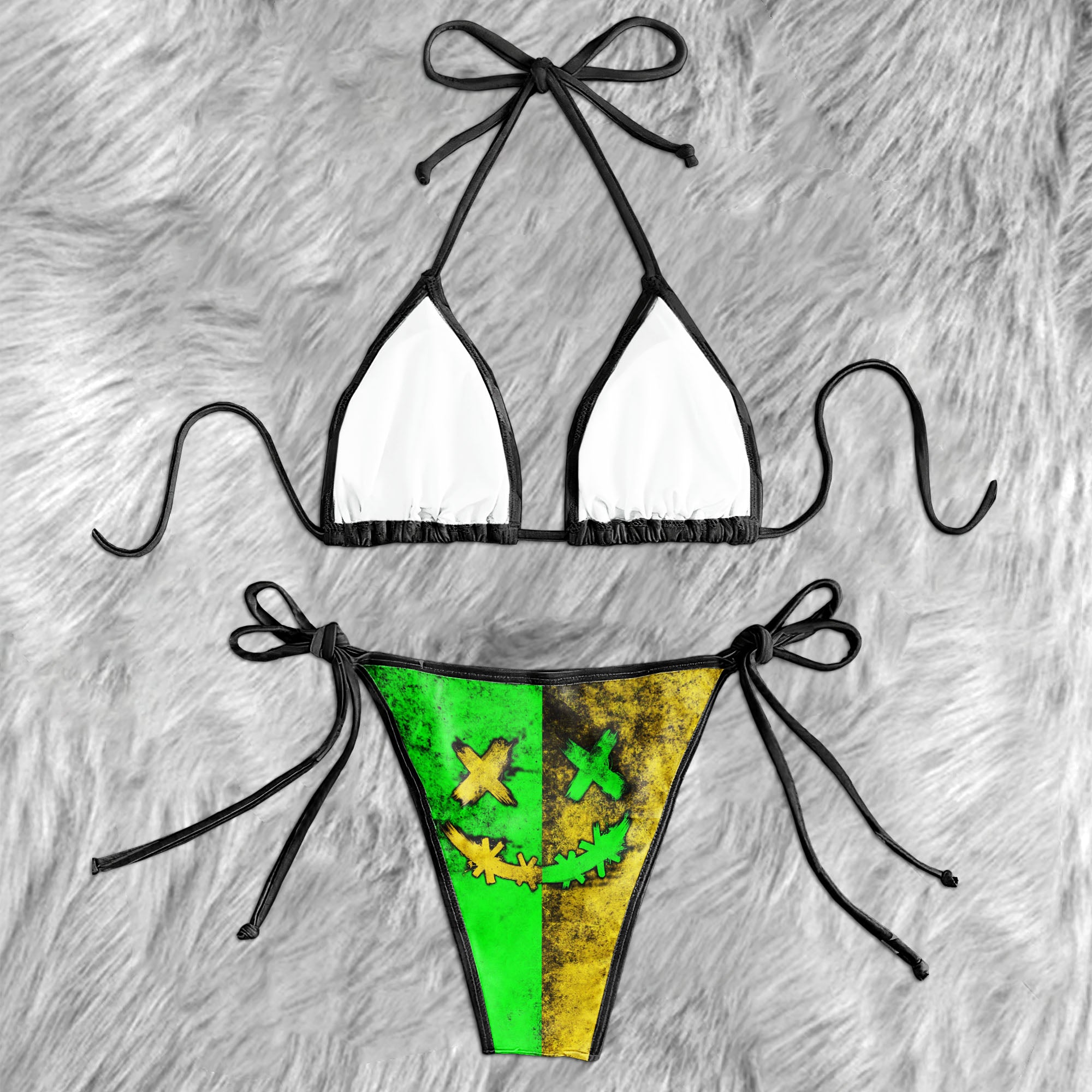 Green Yellow Crazy Face Micro Triangle Bikini Swimsuit - Wonder Skull