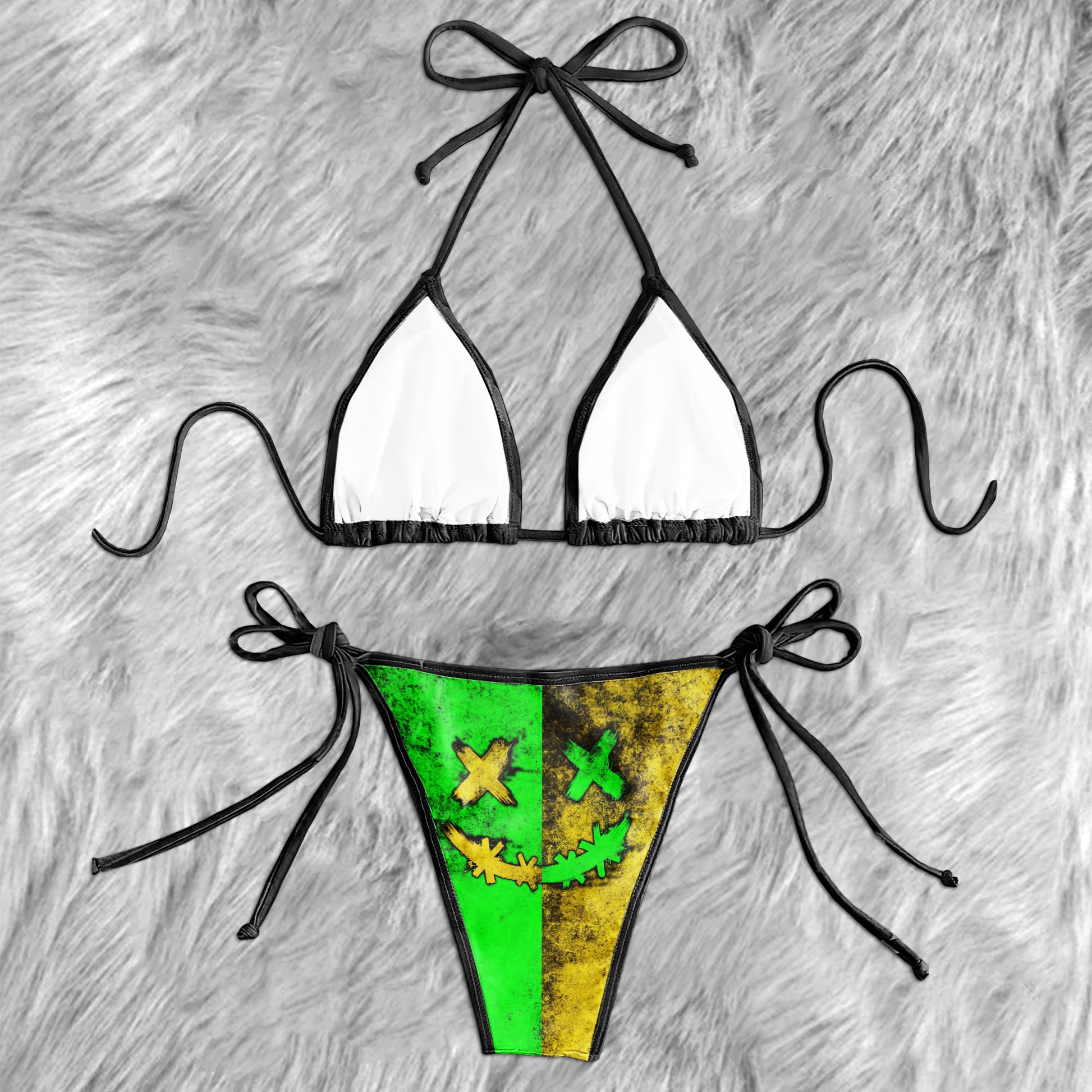 Green Yellow Crazy Face Micro Triangle Bikini Swimsuit - Wonder Skull