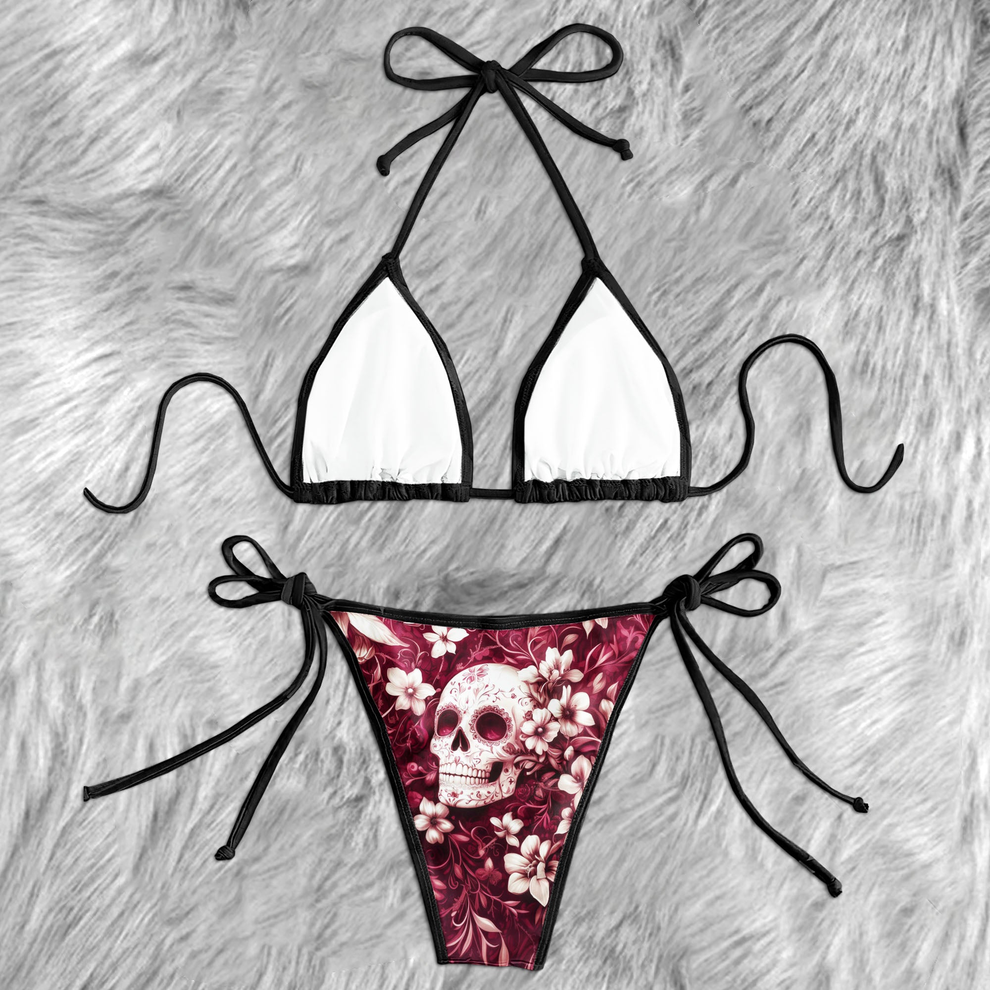 Vintage Floral Skull Pattern Micro Triangle Bikini Swimsuit
