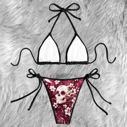 Vintage Floral Skull Pattern Micro Triangle Bikini Swimsuit