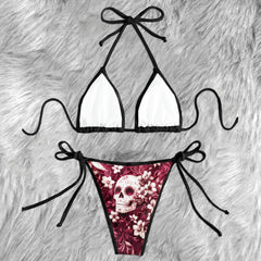 Vintage Floral Skull Pattern Micro Triangle Bikini Swimsuit
