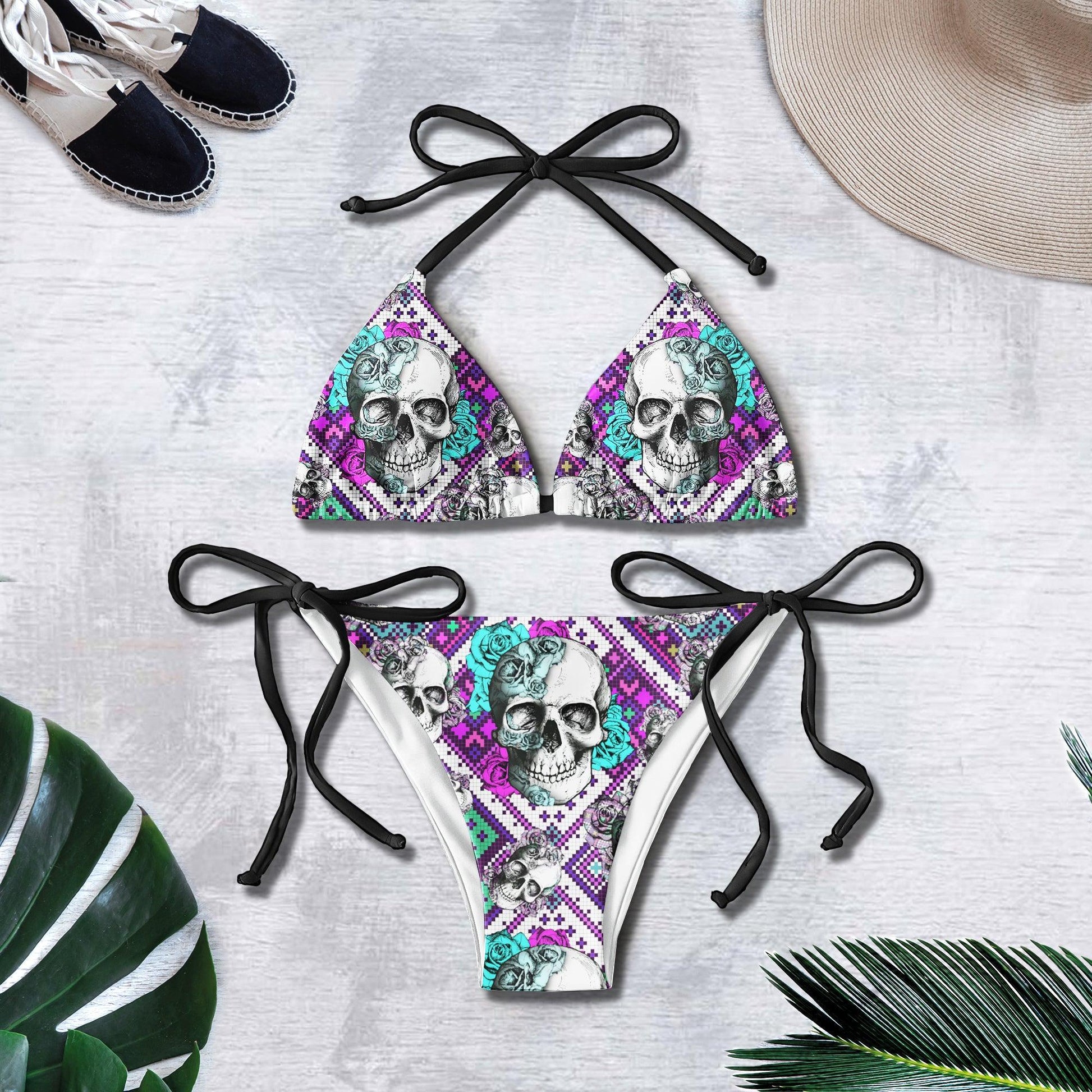 Pixel Skull Rose Micro Triangle Bikini Swimsuit - Wonder Skull