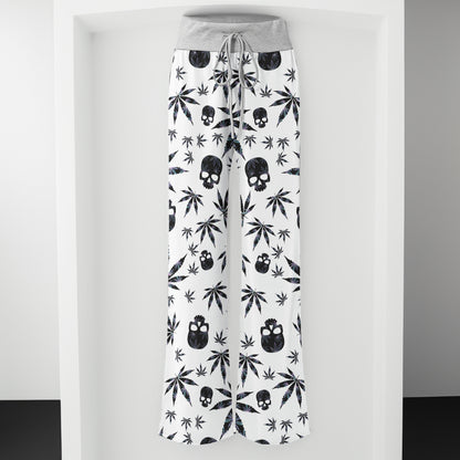 Black Skull Leaf Pattern Women's High-waisted Wide Leg Pants