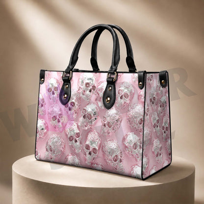 Pink Silver Rose Pattern Structured Tote Bag Multi-Pocket Handbag