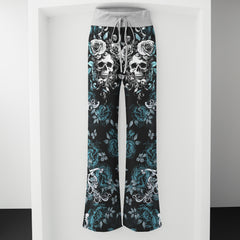 Cyan Skull Rose Floral Women's High-waisted Wide Leg Pants