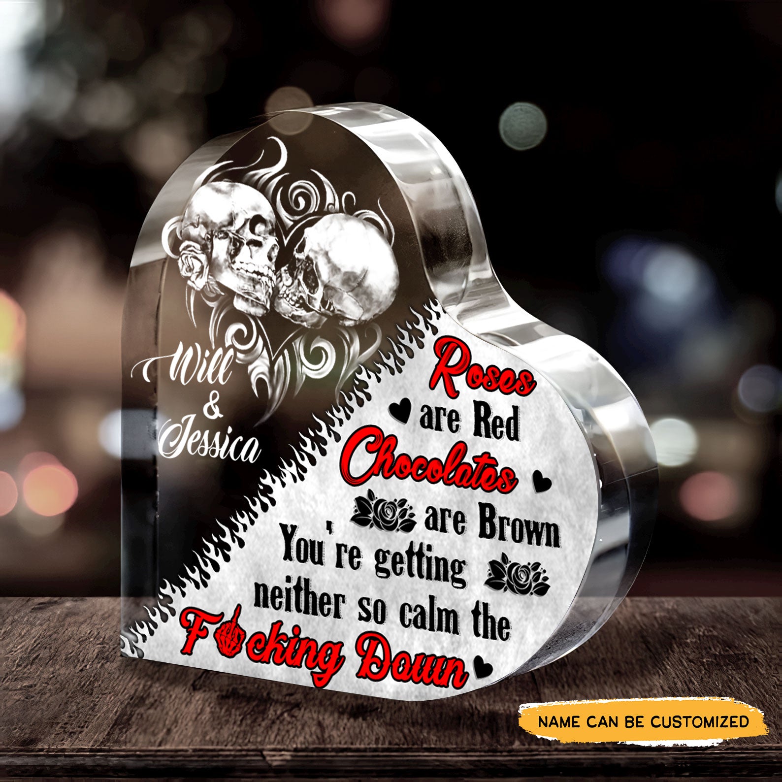 Roses And Chocolates - Customized Skull Couple Crystal Heart Anniversary Gifts