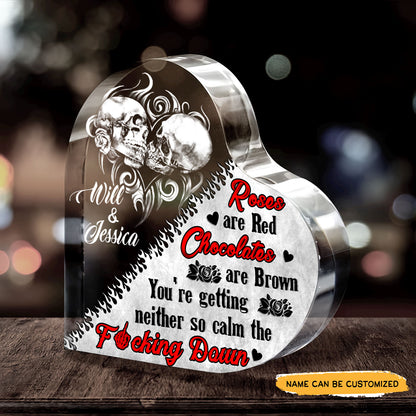 Roses And Chocolates - Customized Skull Couple Crystal Heart Anniversary Gifts