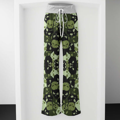 Green Skull Camo Pattern Women's High-waisted Wide Leg Pants