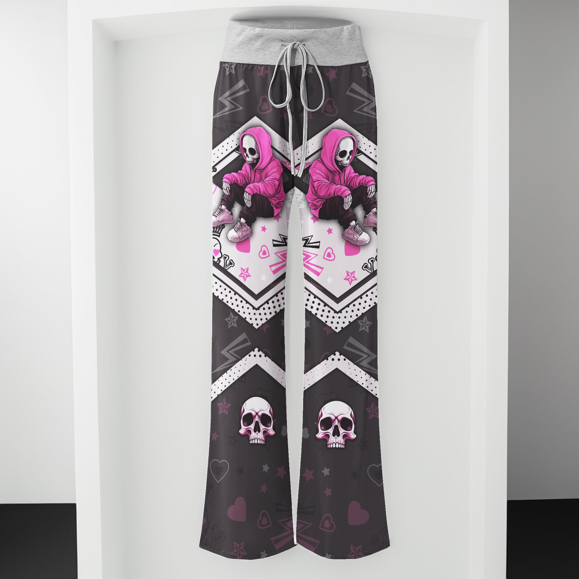 Pink Skeleton Art Pattern Lip Pattern Women's High-waisted Wide Leg Pants