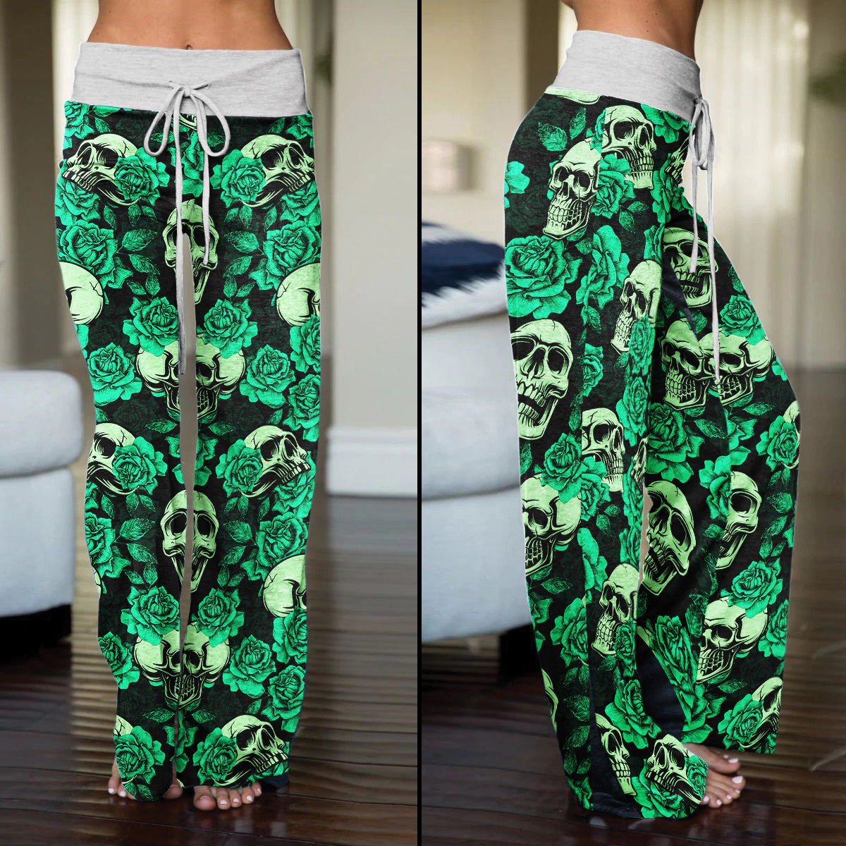 Gothic Green Pastel Skull Rose Women's High-waisted Wide Leg Pants | Wonder Skull