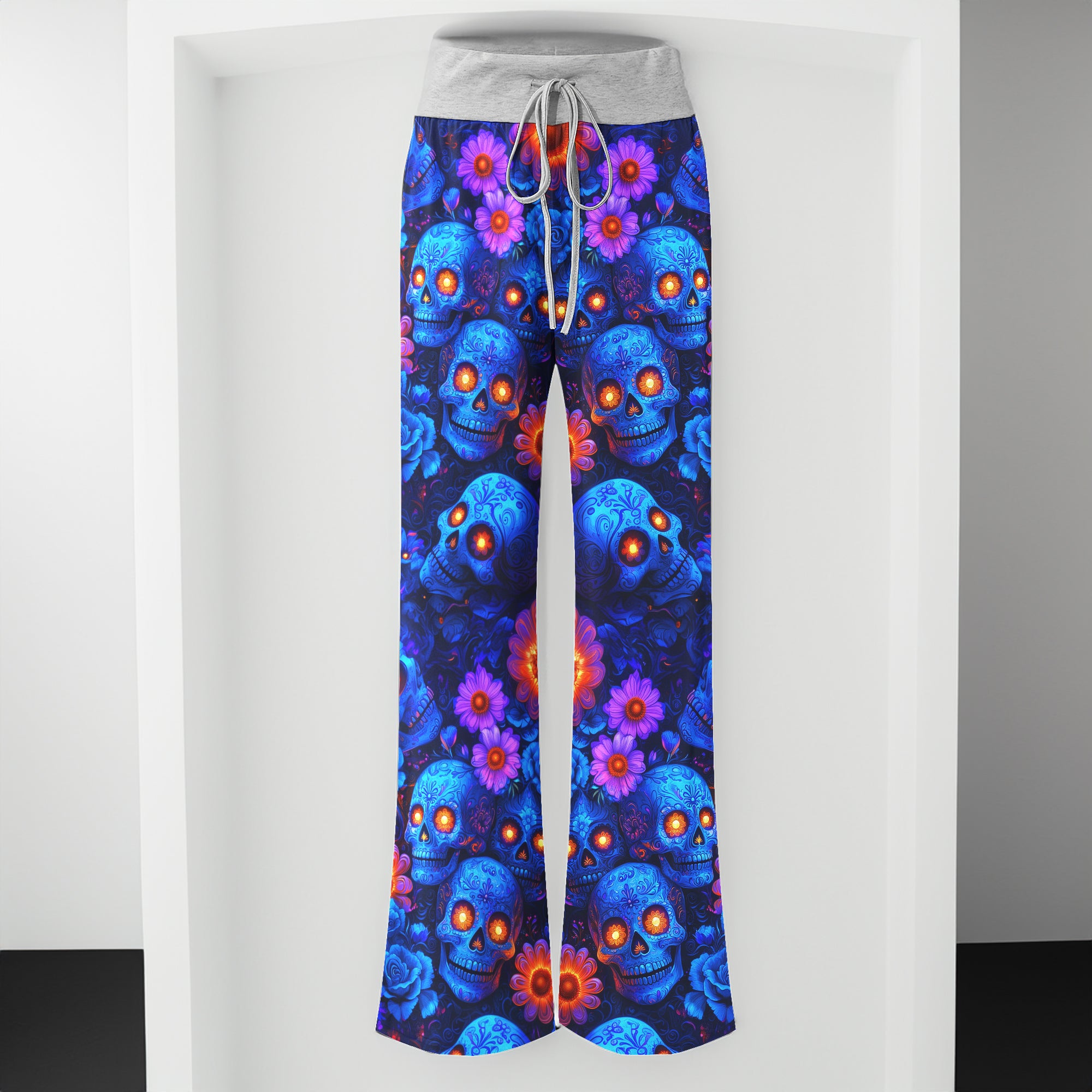 Blue Skull Pattern Women's High-waisted Wide Leg Pants