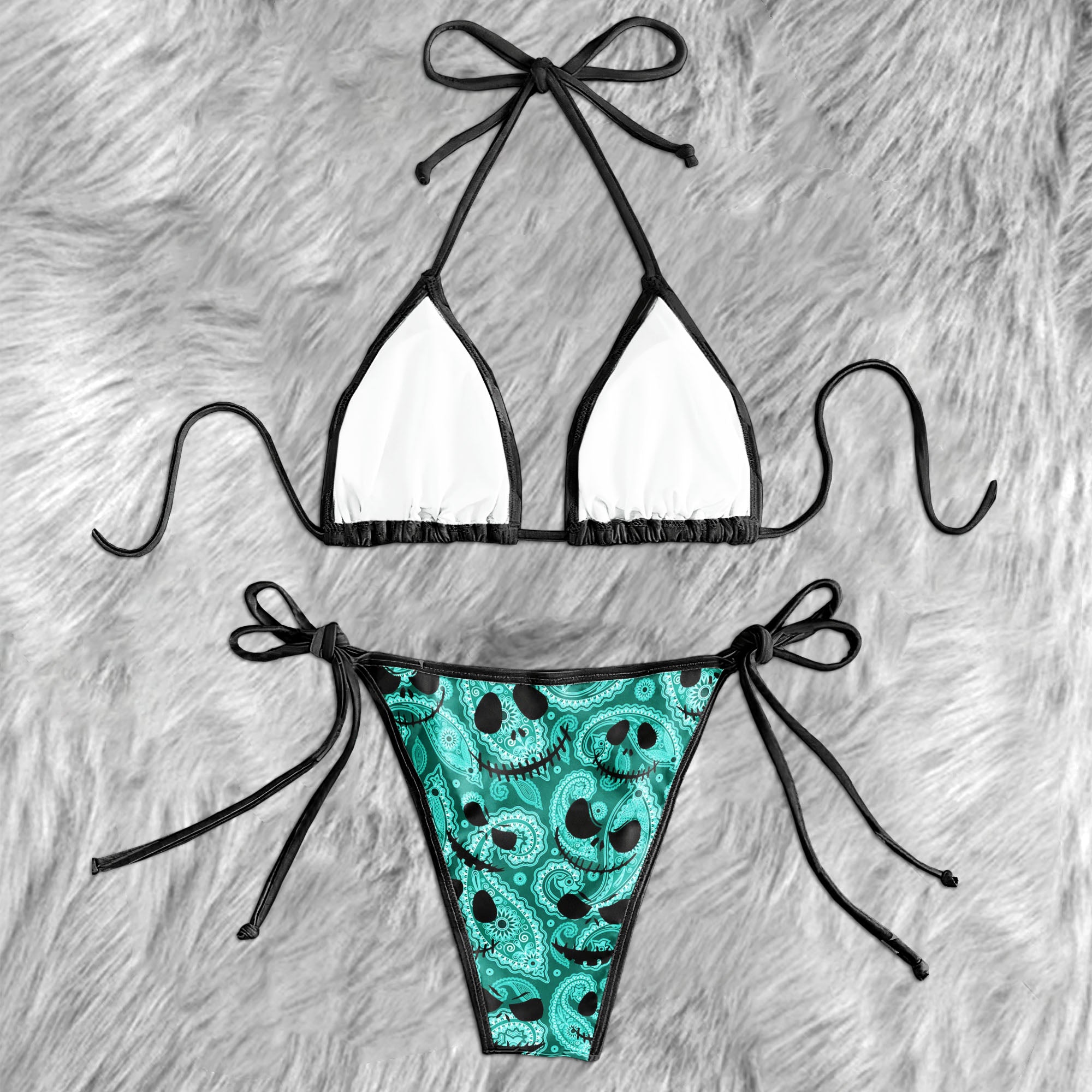 Cyan Paisley Skull Pattern Micro Triangle Bikini Swimsuit