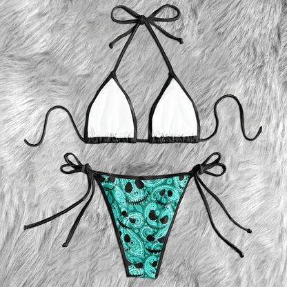 Cyan Paisley Skull Pattern Micro Triangle Bikini Swimsuit
