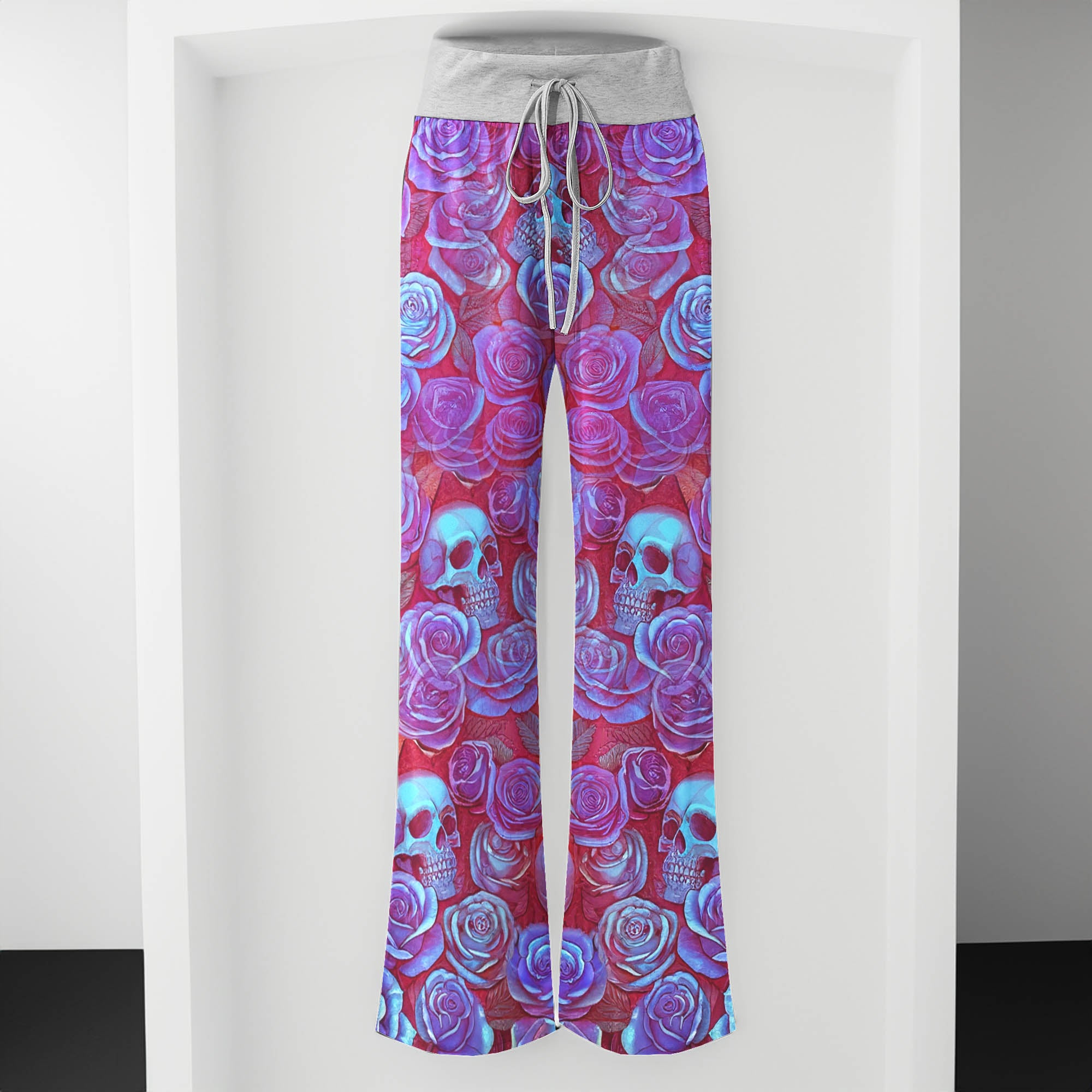 Purple Neon Skull Rose Women's High-waisted Wide Leg Pants