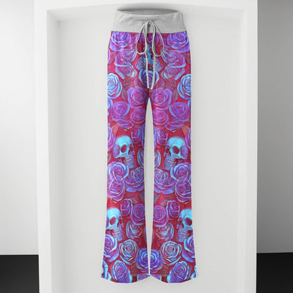 Purple Neon Skull Rose Women's High-waisted Wide Leg Pants