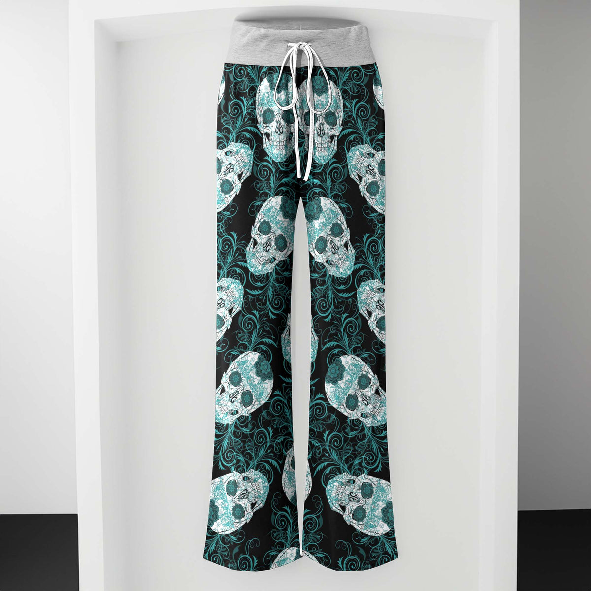 Gothic Teal Rose Skulls Women's High-waisted Wide Leg Pants