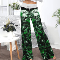 Green Skull Canabis Women's High-waisted Wide Leg Pants | Wonder Skull