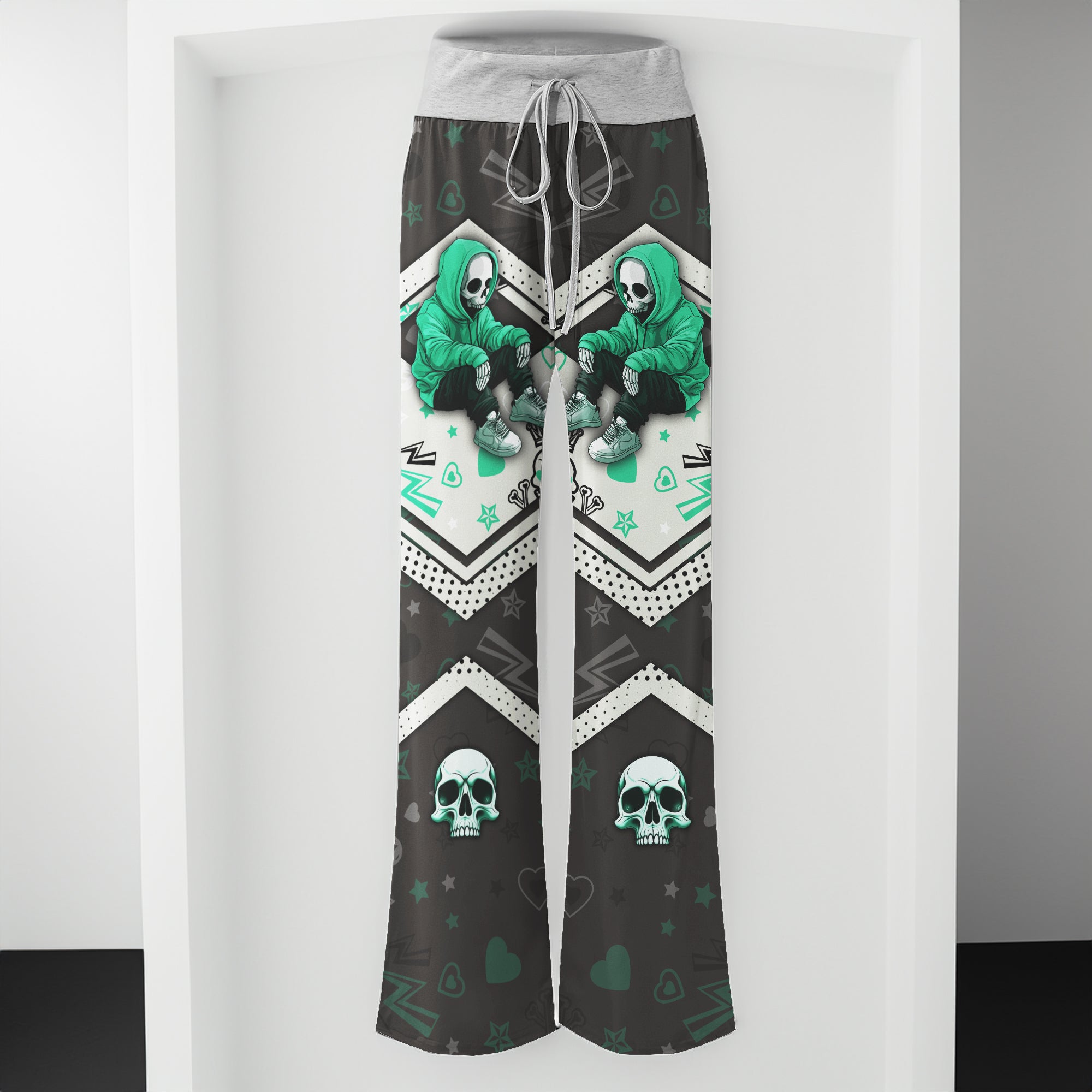 Green Skull Lip Pattern Women's High-waisted Wide Leg Pants