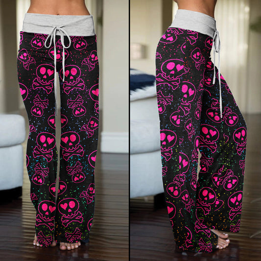 Pink Skull Love Pattern Women's High-waisted Wide Leg Pants | Wonder Skull