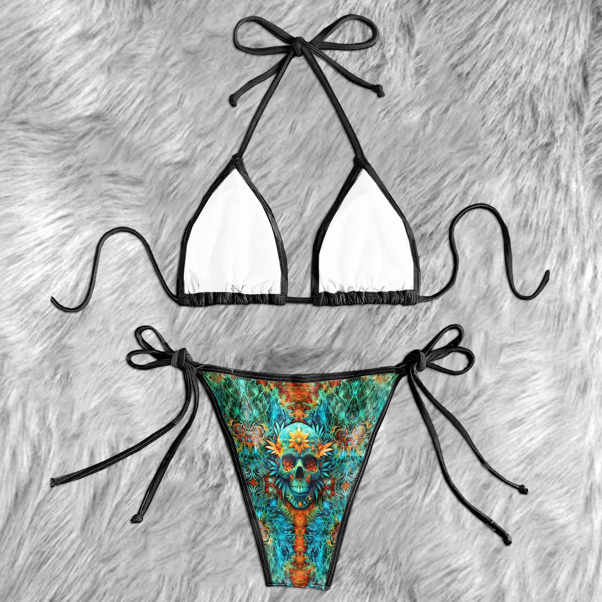 Bloomed Leaf Skull Illusion Micro Triangle Bikini Swimsuit