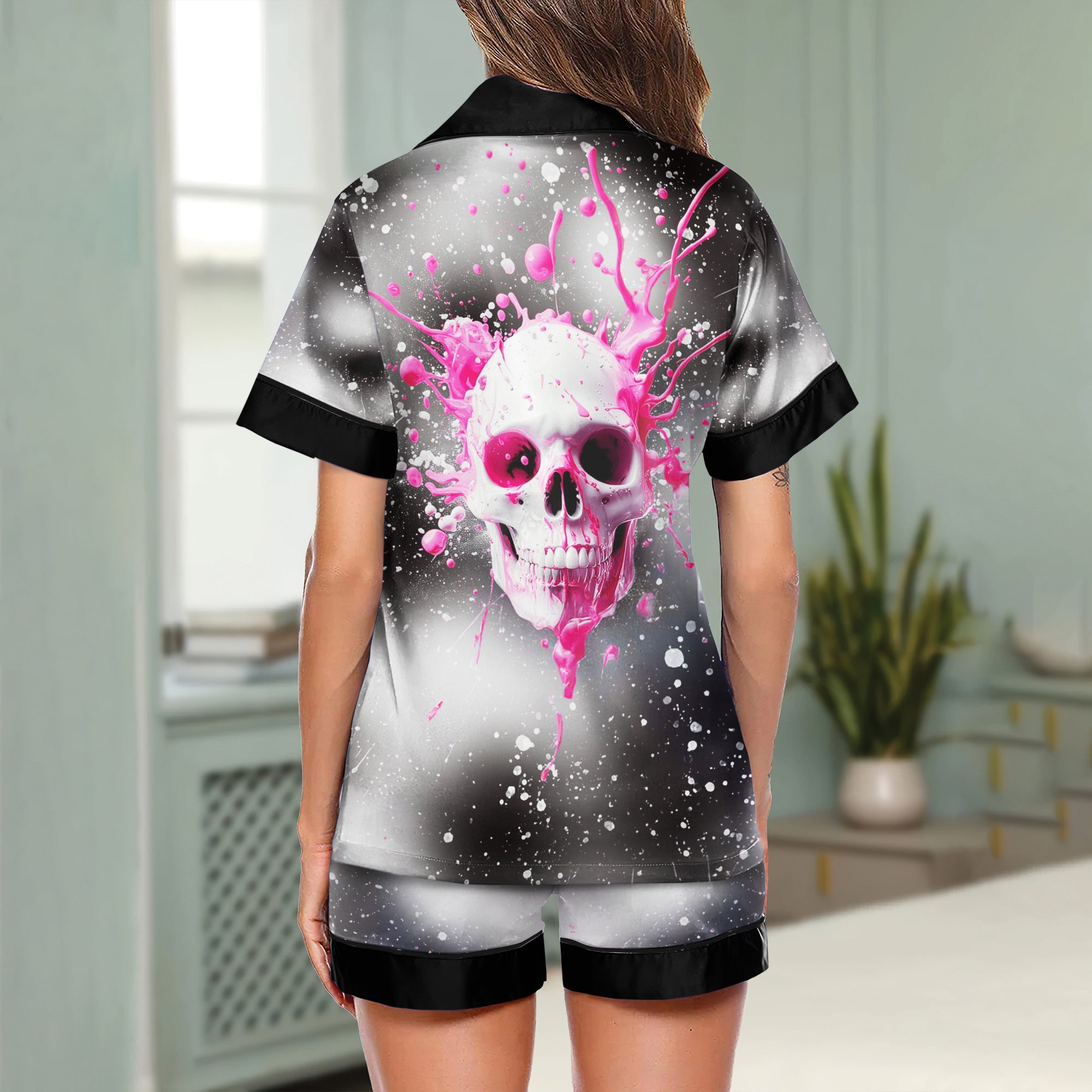 Pink Skull Melting Women's Pajama Sets Top Sleeve & Short Bottom