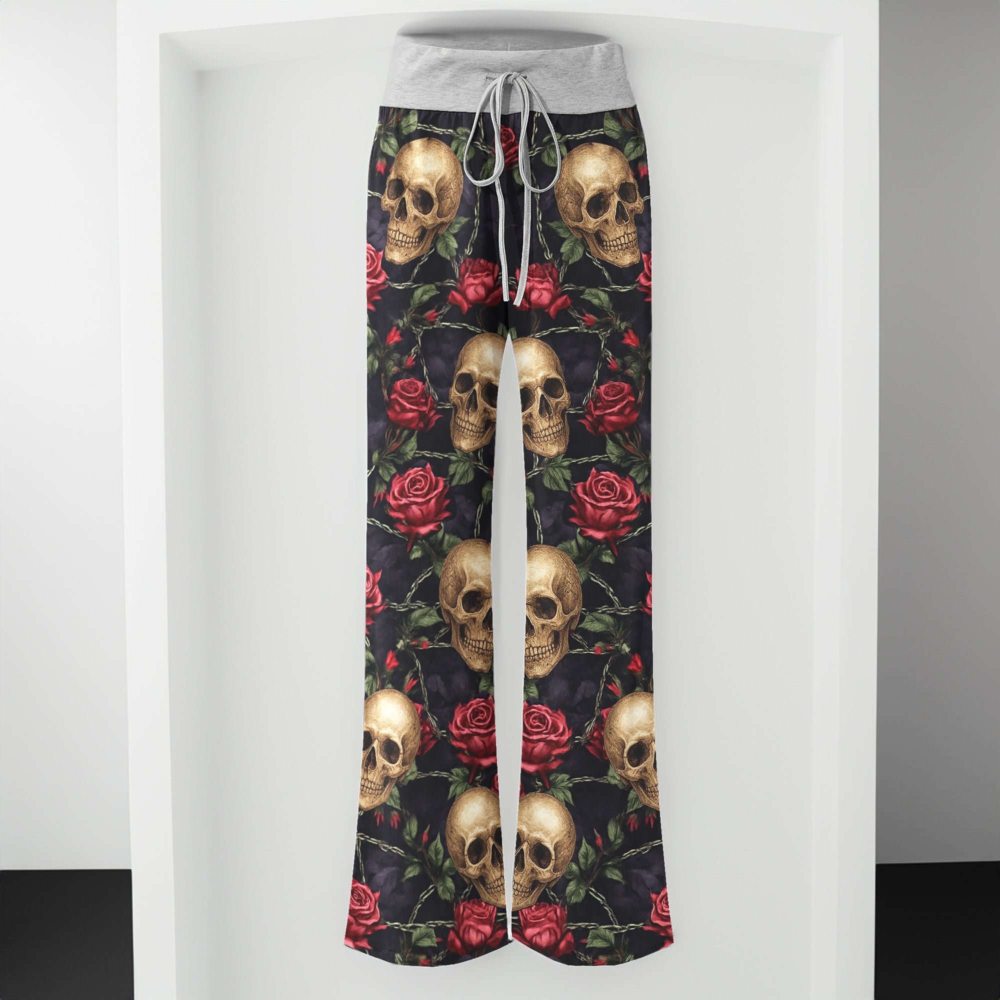 Gothic Skull Rose Art Women's High-waisted Wide Leg Pants