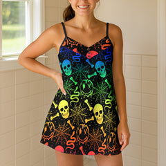 Rainbow Grunge Skull Smiley Short Cami Dress