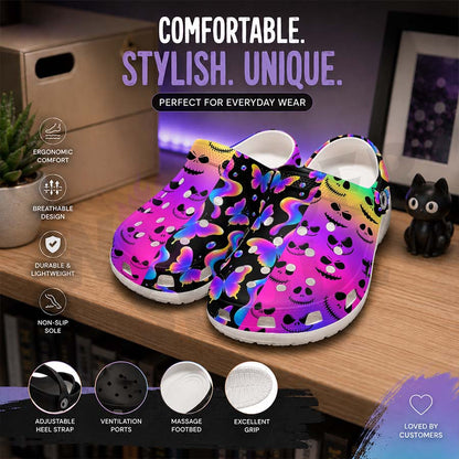 Wonder Skull Lightweight Clog Sandals are designed for all-day comfort. Featuring breathable ventilation holes, a cushioned footbed, and a pivoting heel strap, these versatile unisex clogs are perfect for use at home, outdoors, or at work — whatever your profession may be.
