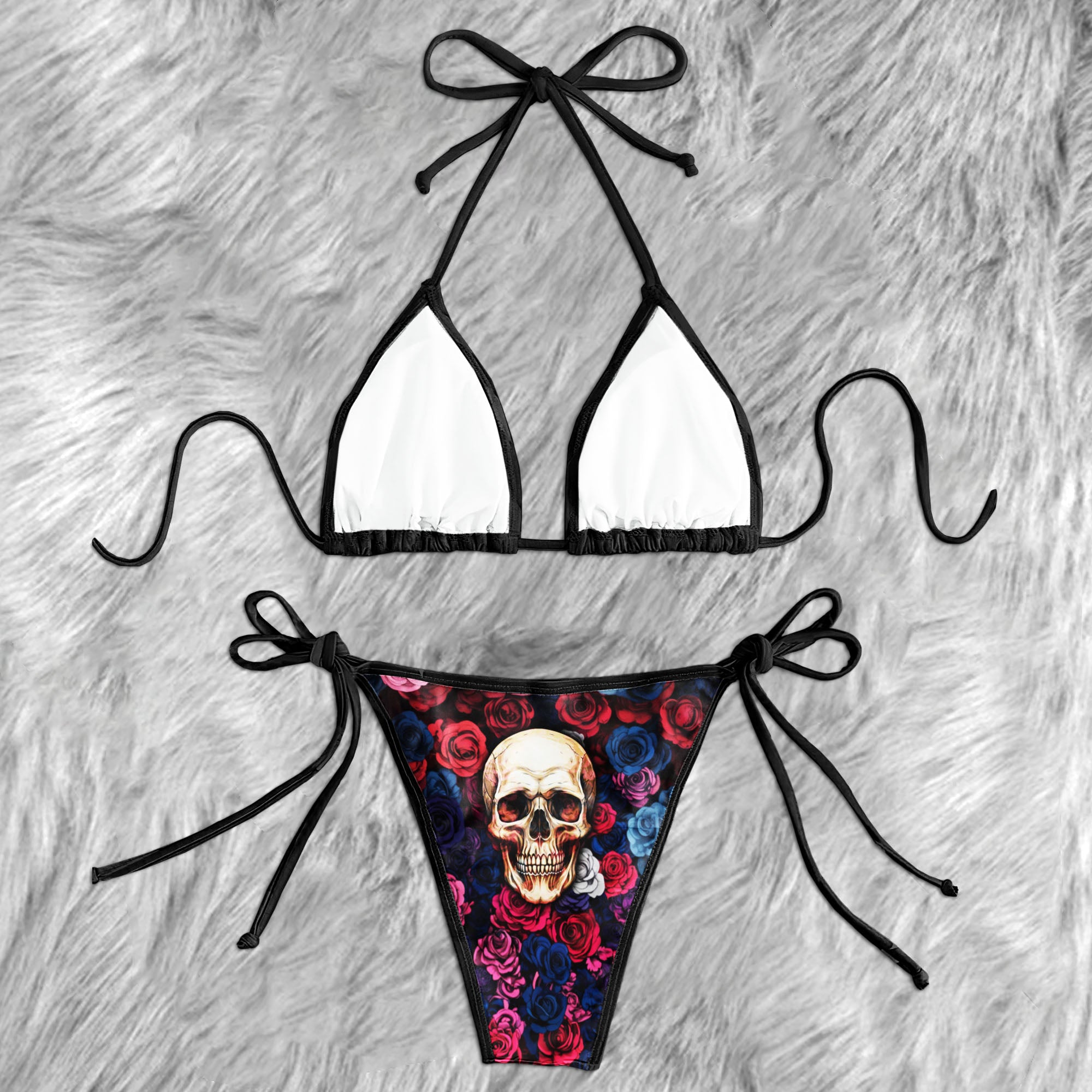 Vintage Skulls Roses Pattern Micro Triangle Bikini Swimsuit
