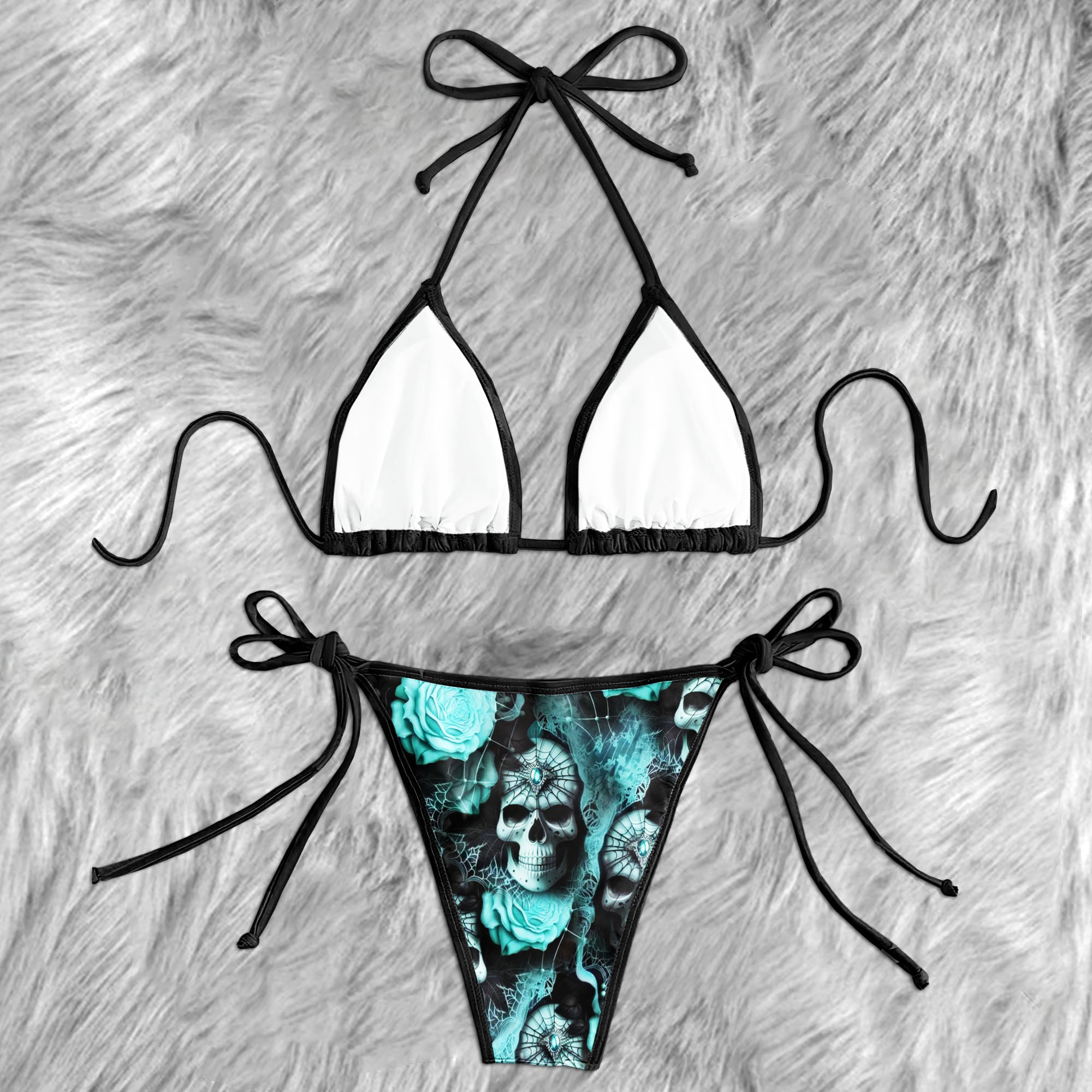 Cyan Rose Skull Lace Micro Triangle Bikini Swimsuit