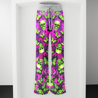 Neon Purple Puzzle Skull Women's High-waisted Wide Leg Pants