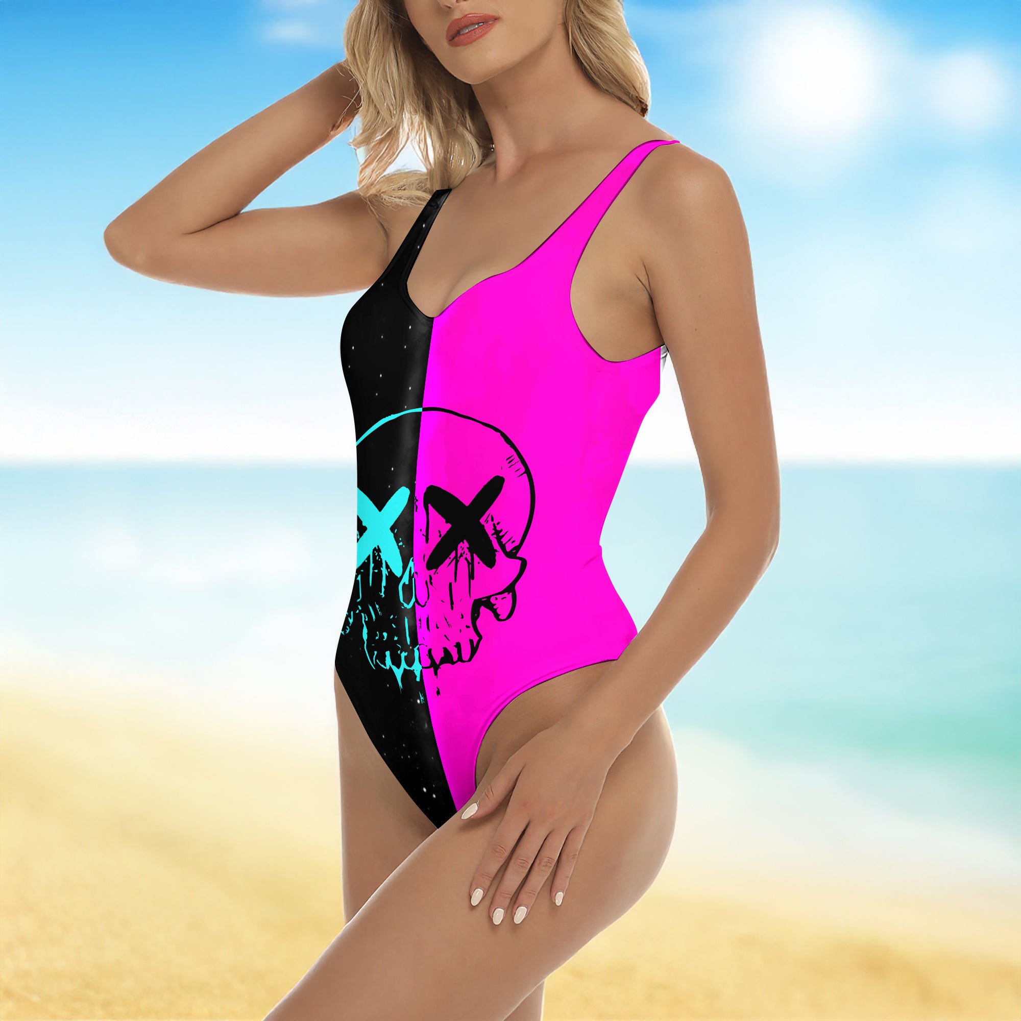 One Piece Bikini Purple Neon Skull Grafiti Print Swimwear